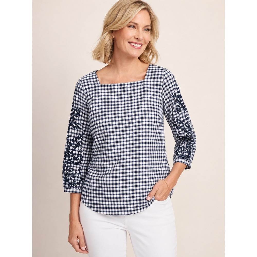 Talbots Womens Classic Gingham Eyelet Sleeve Blouse Navy White Size MP Cottage
